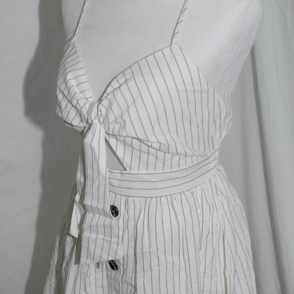 White Party Womens Medium Dress White Black Stripes Spaghetti Strap Peekaboo AUC